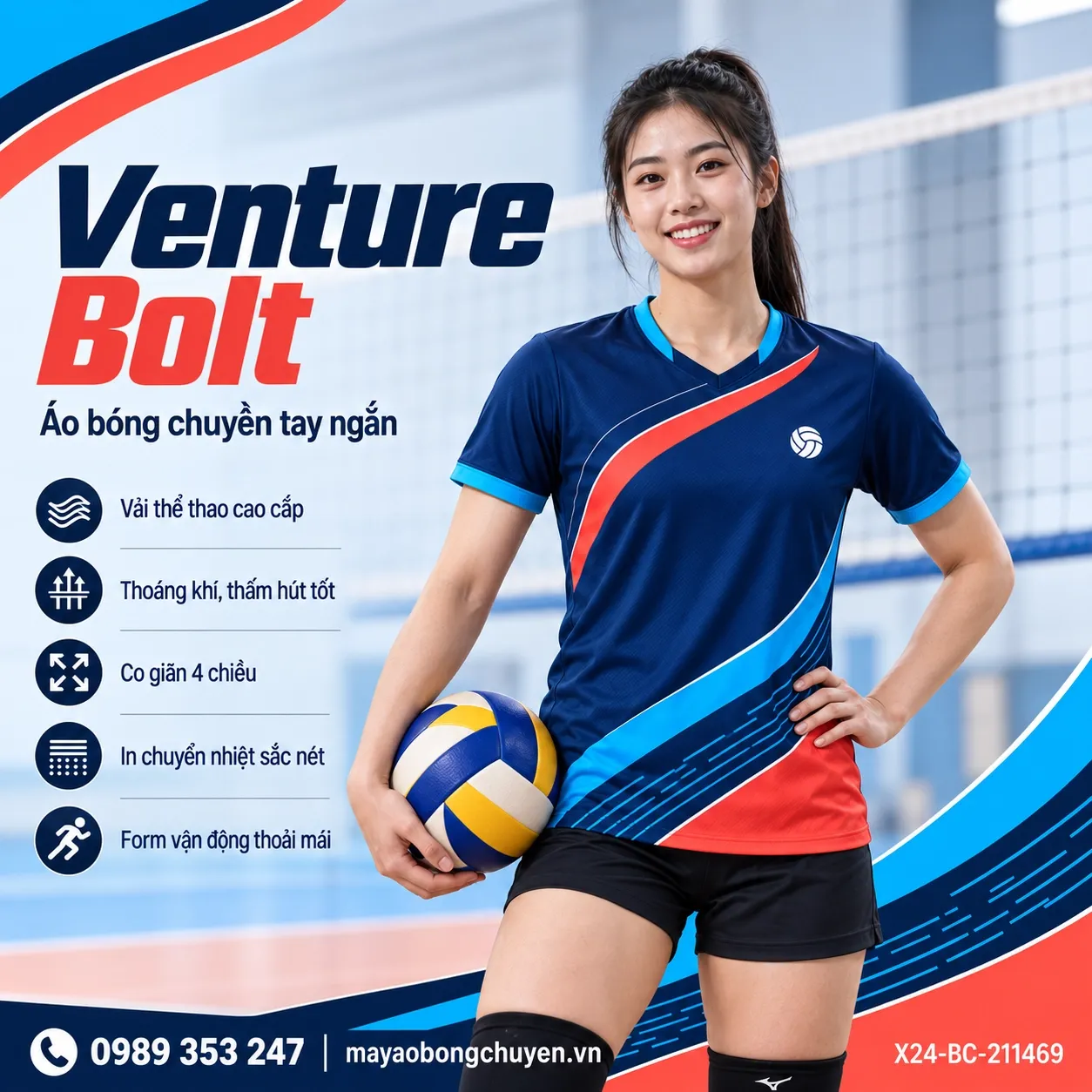 Mẫu Venture Bolt phối xanh navy, xanh cyan, đỏ san hô dành cho đội nữ cần áo bóng chuyền đặt may nổi bật.