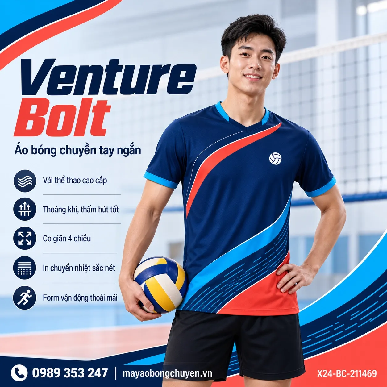 Mẫu Venture Bolt phối xanh navy, xanh cyan, đỏ san hô dành cho đội nam cần áo bóng chuyền đặt may nổi bật.