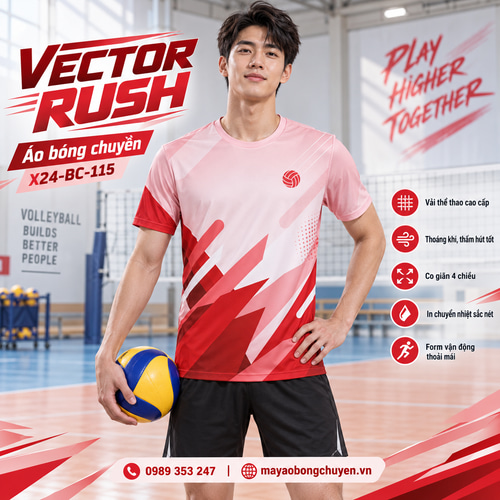 Áo bóng chuyền x24sport Vector Rush phối hồng nhạt và đỏ cho nam, kiểu tay ngắn cổ tròn.