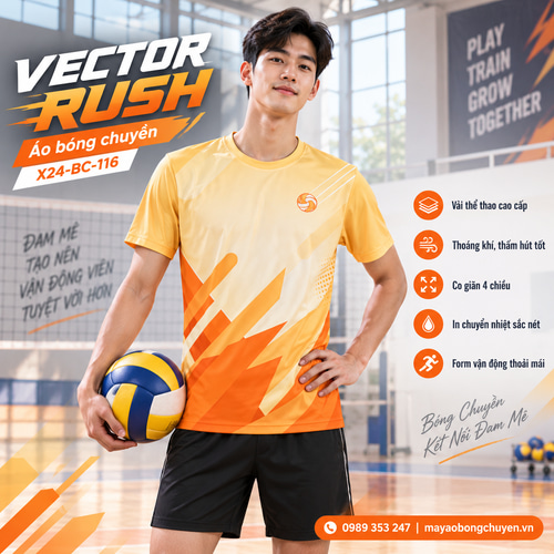Áo bóng chuyền x24sport Vector Rush phối vàng kem và cam cho nam, kiểu tay ngắn cổ tròn.