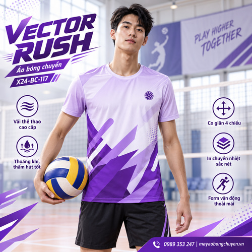 Áo bóng chuyền x24sport Vector Rush phối tím nhạt và tím cho nam, kiểu tay ngắn cổ tròn.