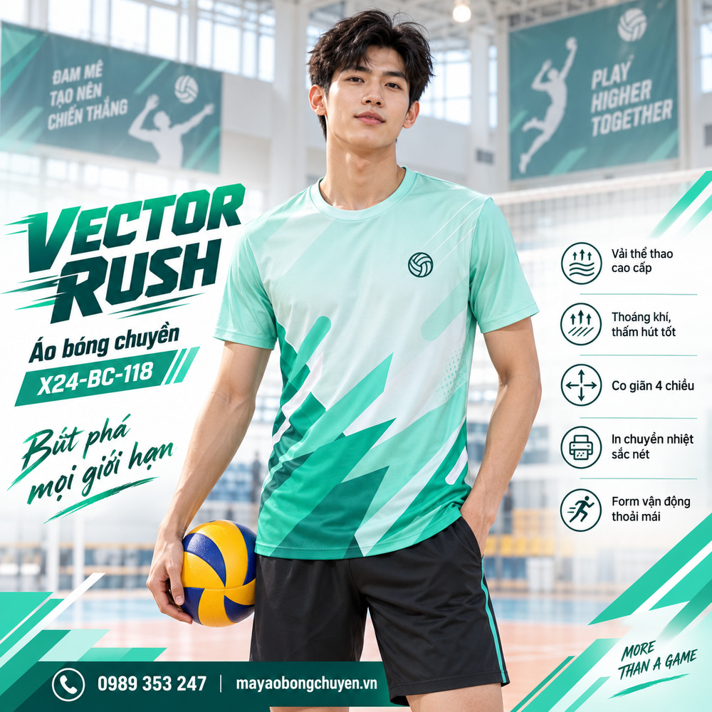 Áo bóng chuyền x24sport Vector Rush phối xanh ngọc nhạt và xanh ngọc cho nam, kiểu tay ngắn cổ tròn.