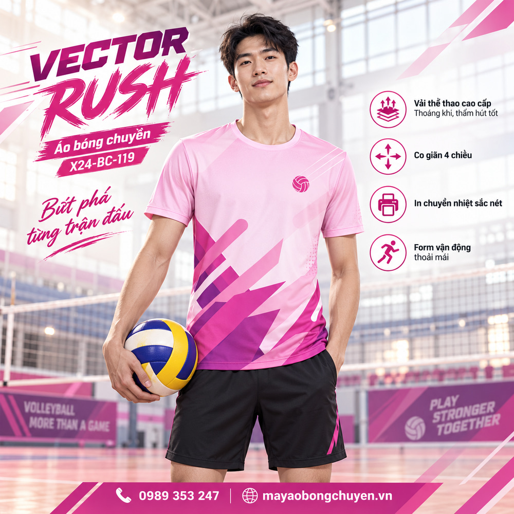Áo bóng chuyền x24sport Vector Rush phối hồng nhạt và hồng đậm cho nam, kiểu tay ngắn cổ tròn.