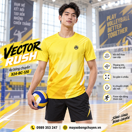 Áo bóng chuyền x24sport Vector Rush phối vàng cho nam, kiểu tay ngắn cổ tròn.