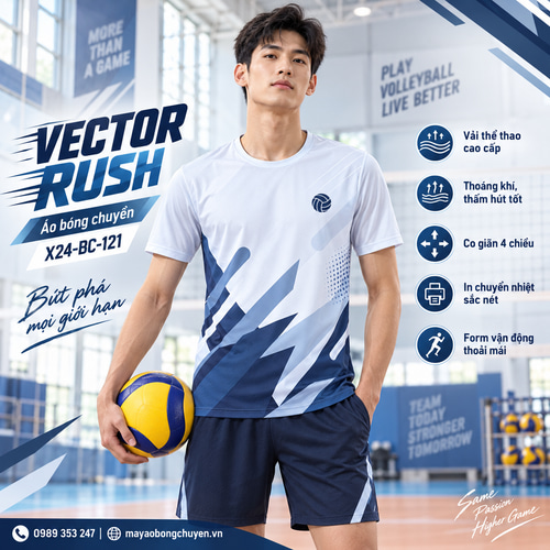 Áo bóng chuyền x24sport Vector Rush phối trắng và xanh navy cho nam, kiểu tay ngắn cổ tròn.