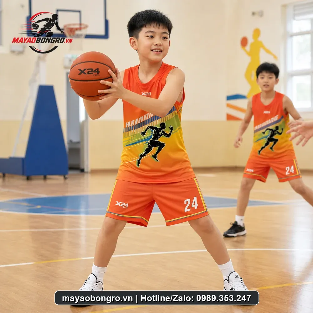 Mẫu áo bóng rổ Cam Nổi Bật cho trẻ tiểu học, trung học cơ sở.