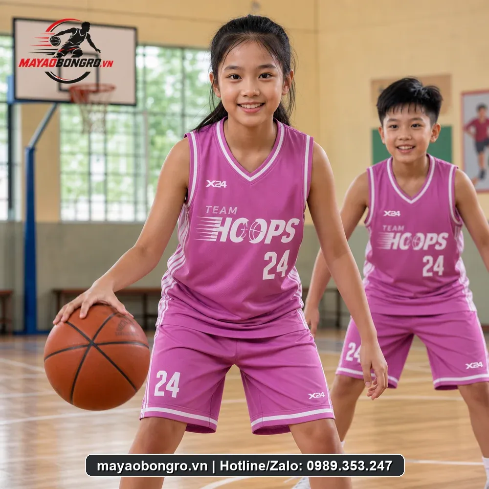 Mẫu áo bóng rổ Màu Hồng Tươi cho trẻ tiểu học, trung học cơ sở.