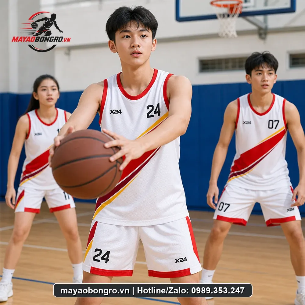 Mẫu bóng rổ Việt trắng năng động cho học sinh trung học phổ thông, người lớn.