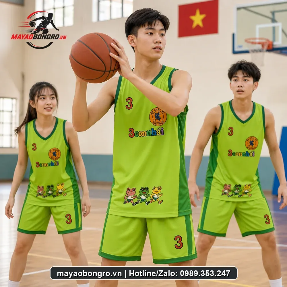 Mẫu bóng rổ xanh lá Ba Con cho học sinh trung học phổ thông, người lớn.