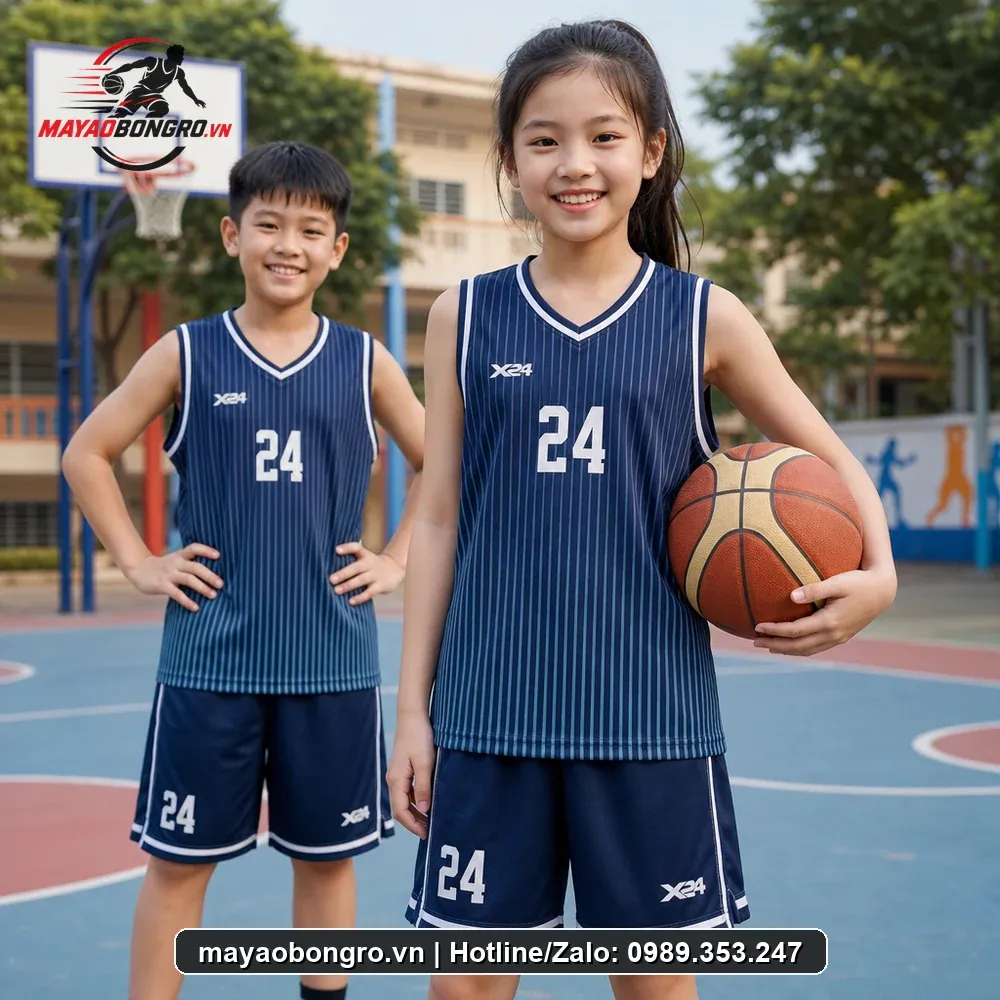 Mẫu áo bóng rổ Xanh Thẫm Sọc cho trẻ tiểu học, trung học cơ sở.
