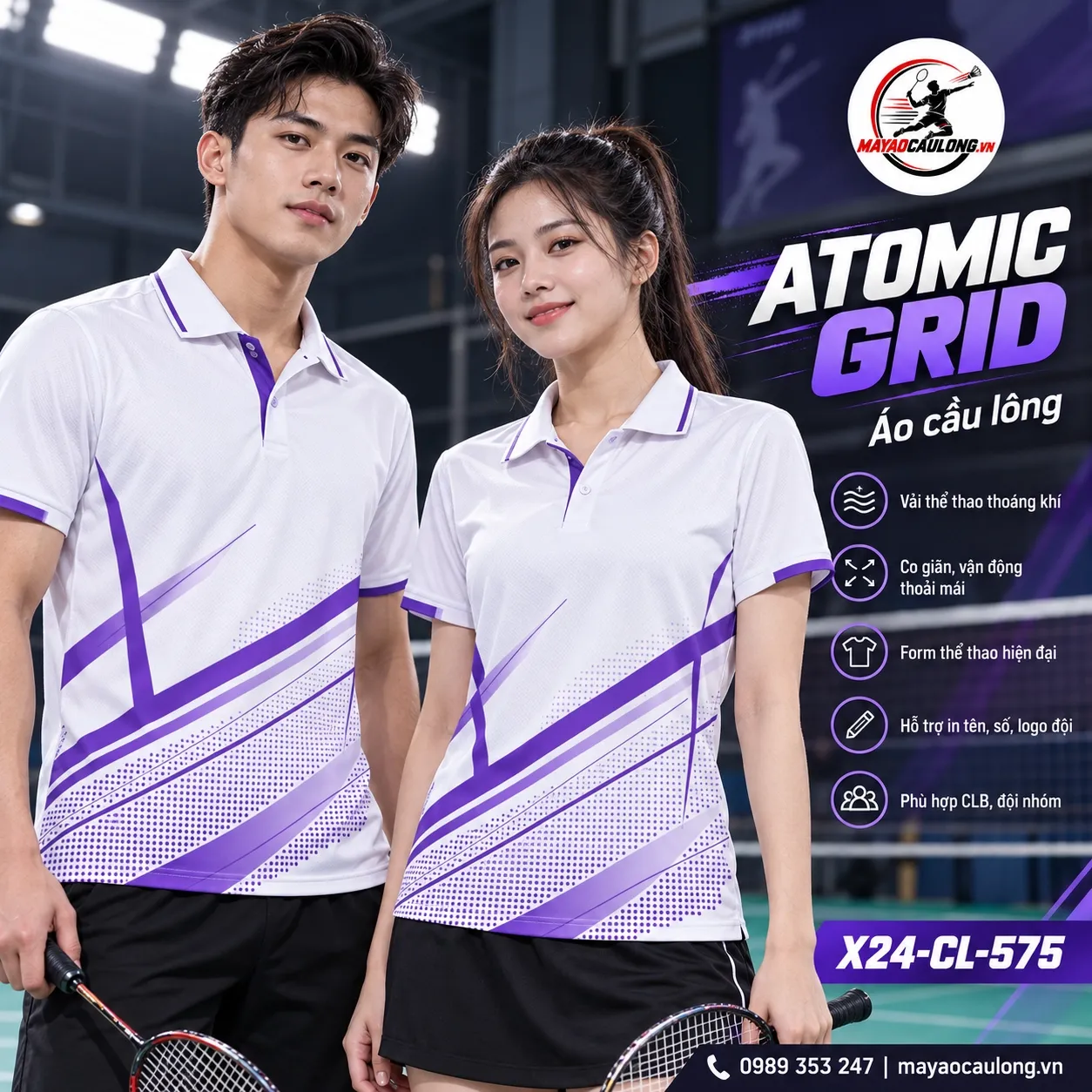 Áo cầu lông cổ trụ tay ngắn trắng tím họa tiết tia chéo X24-CL-575