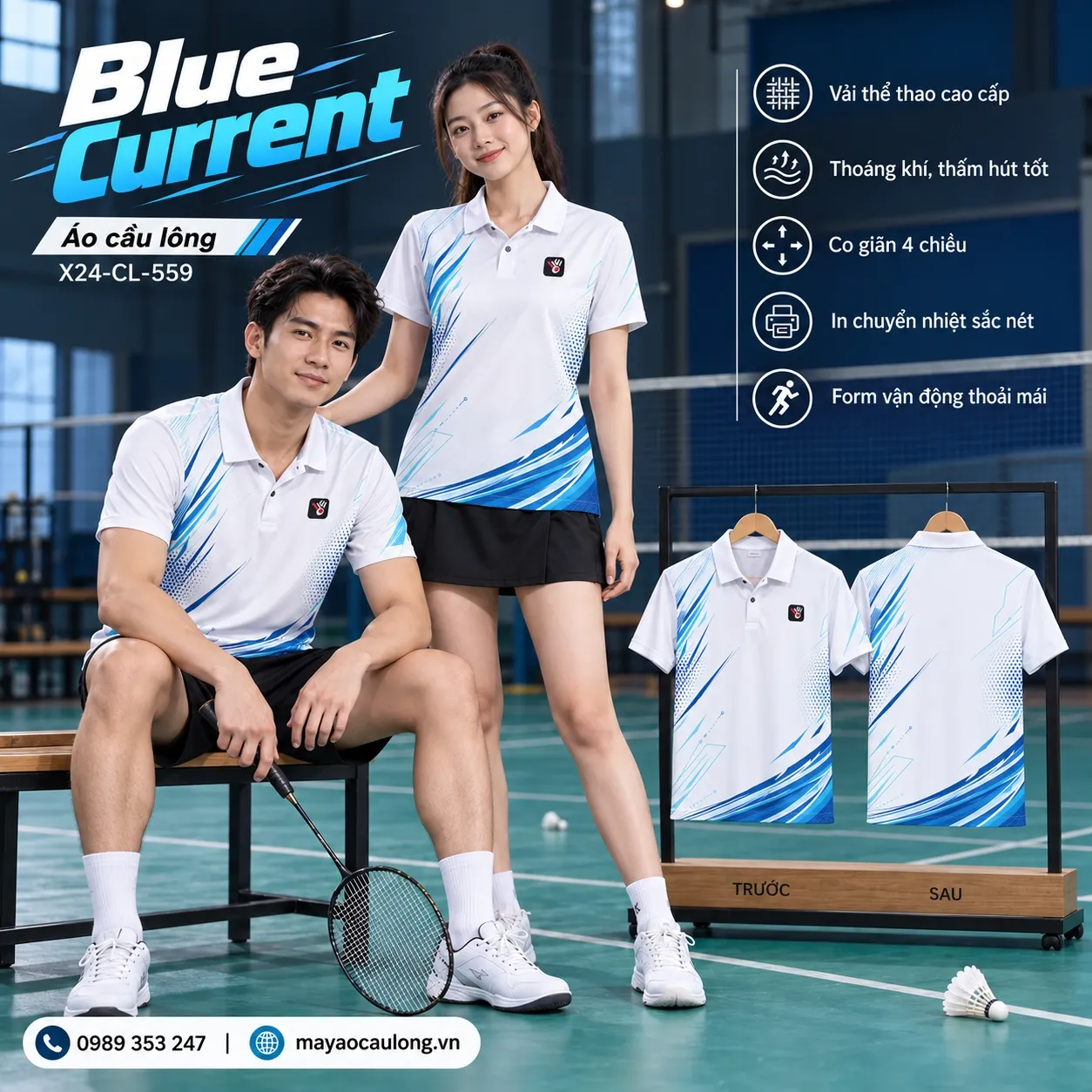 Áo cầu lông Blue Current trắng họa tiết xanh, cổ trụ tay ngắn cho đội và câu lạc bộ