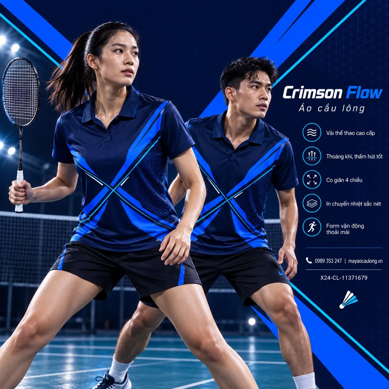 Mẫu áo cầu lông Crimson Flow phối xanh navy, xanh electric, xanh cyan, trắng, phù hợp tùy chỉnh logo và tên số cho đội.