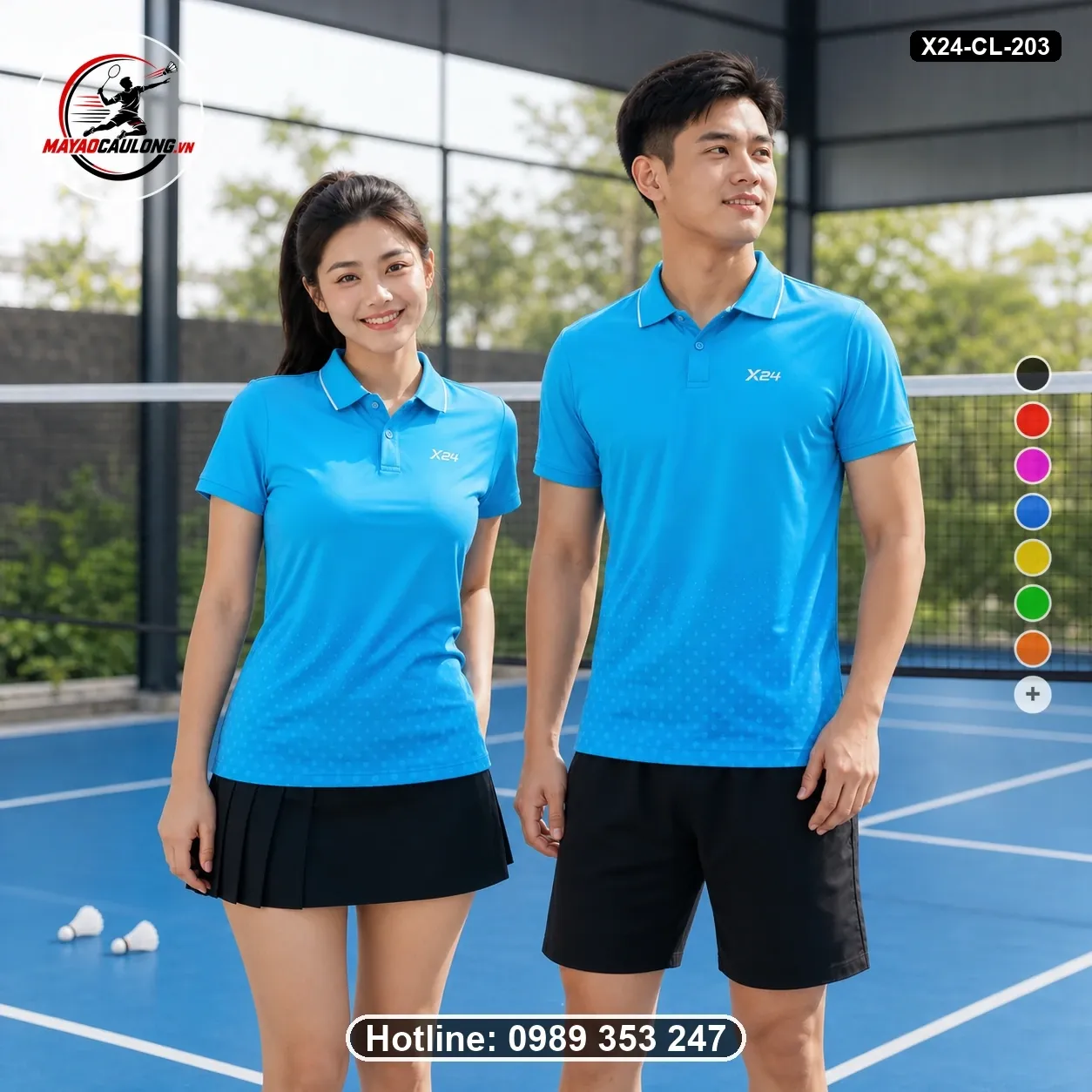 Áo cầu lông đặt may X24-CL-203 xanh cyan, xanh da trời áo có cổ, tay ngắn - ảnh sản phẩm 1