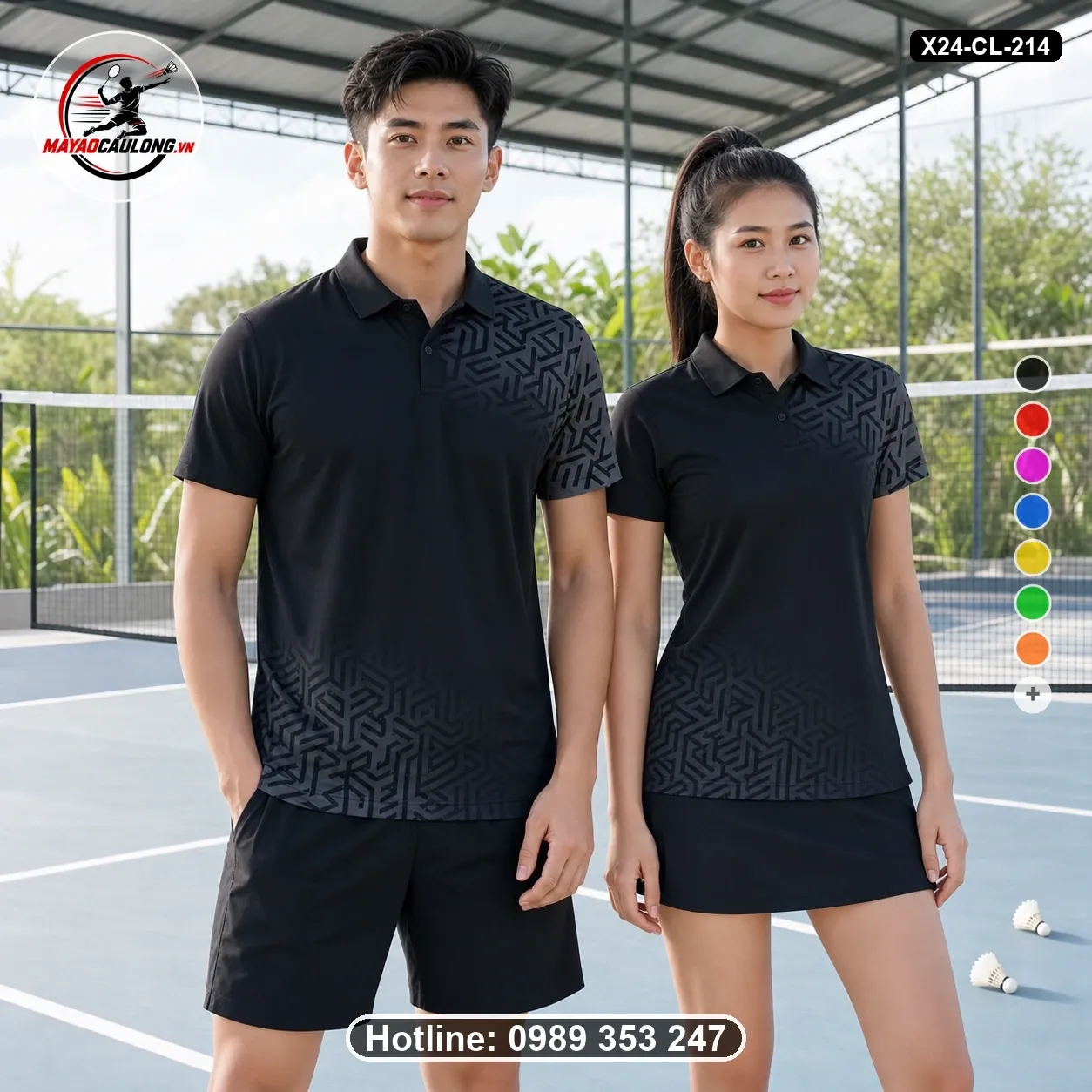 Áo cầu lông đặt may X24-CL-214 đen, xám than áo có cổ, tay ngắn - ảnh sản phẩm 1