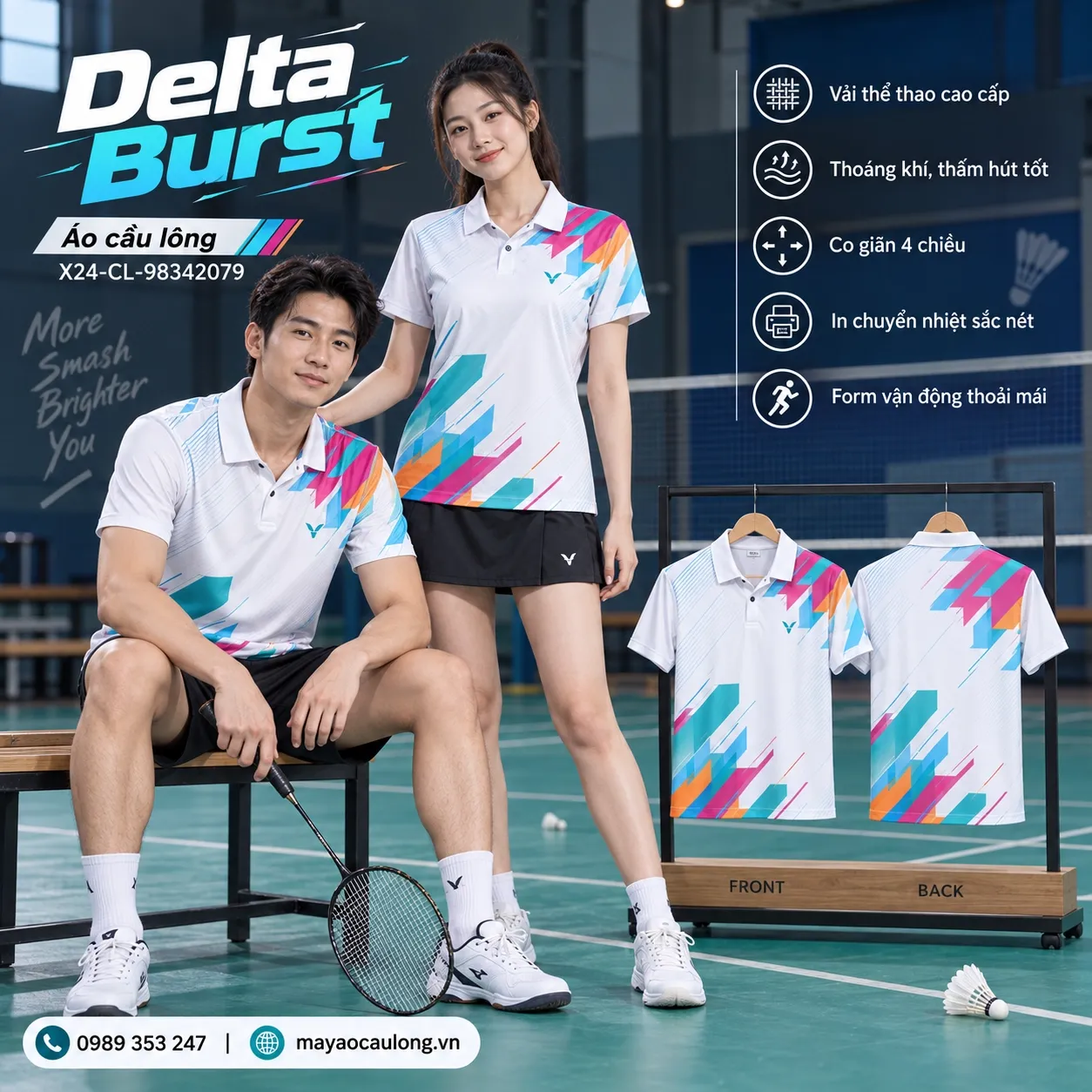 Mẫu áo cầu lông Delta Burst phối ngọc trai, thiên thanh, hồng, cam, lục bảo, phù hợp tùy chỉnh logo và tên số cho đội.