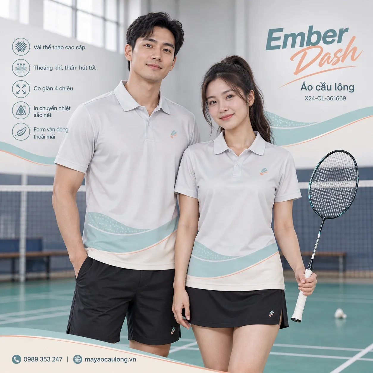 Mẫu áo cầu lông Ember Dash phối pearl gray, muted aqua, warm cream, pale coral, phù hợp tùy chỉnh logo và tên số cho đội.