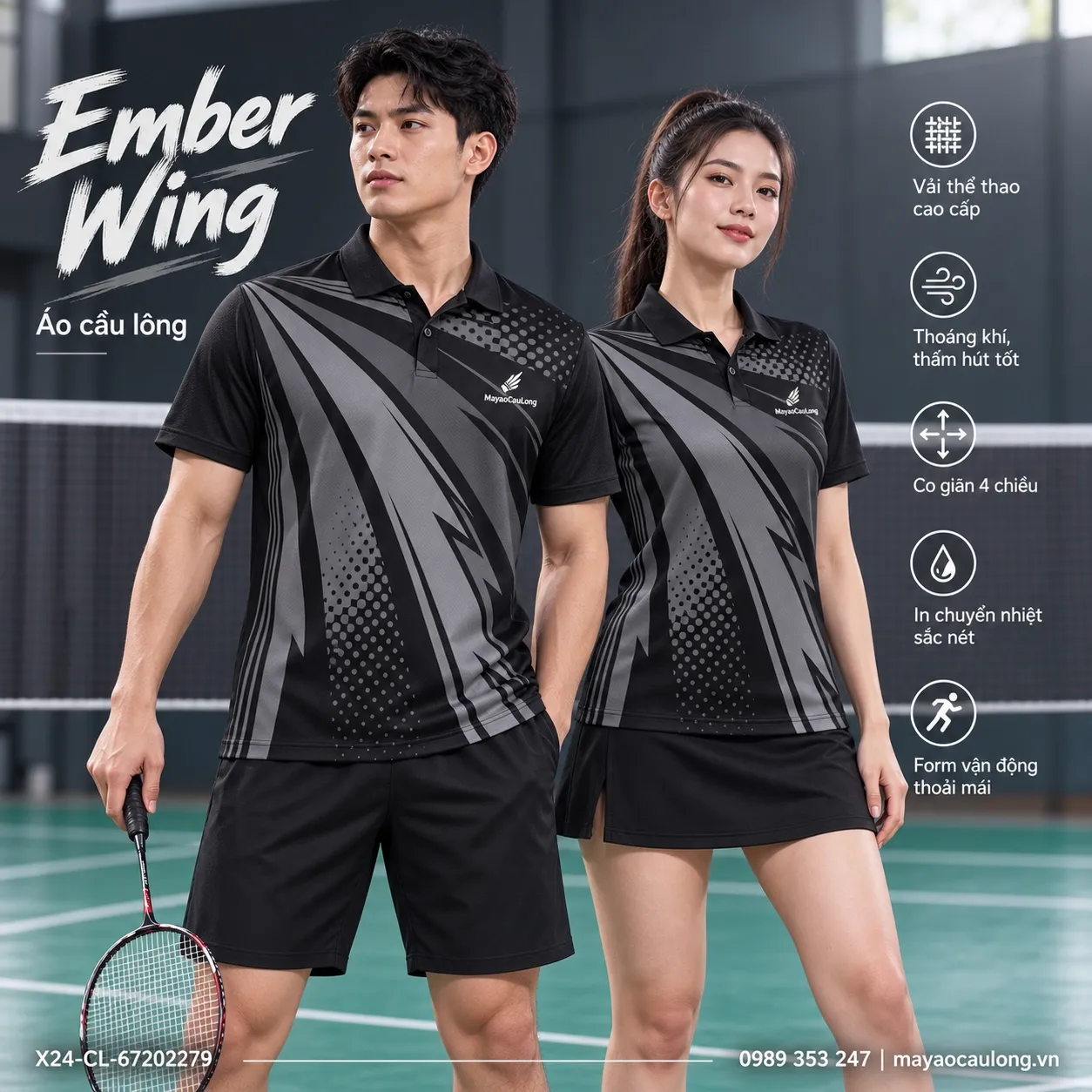 Mẫu áo cầu lông Ember Wing phối đen, xám graphite, phù hợp tùy chỉnh logo và tên số cho đội.