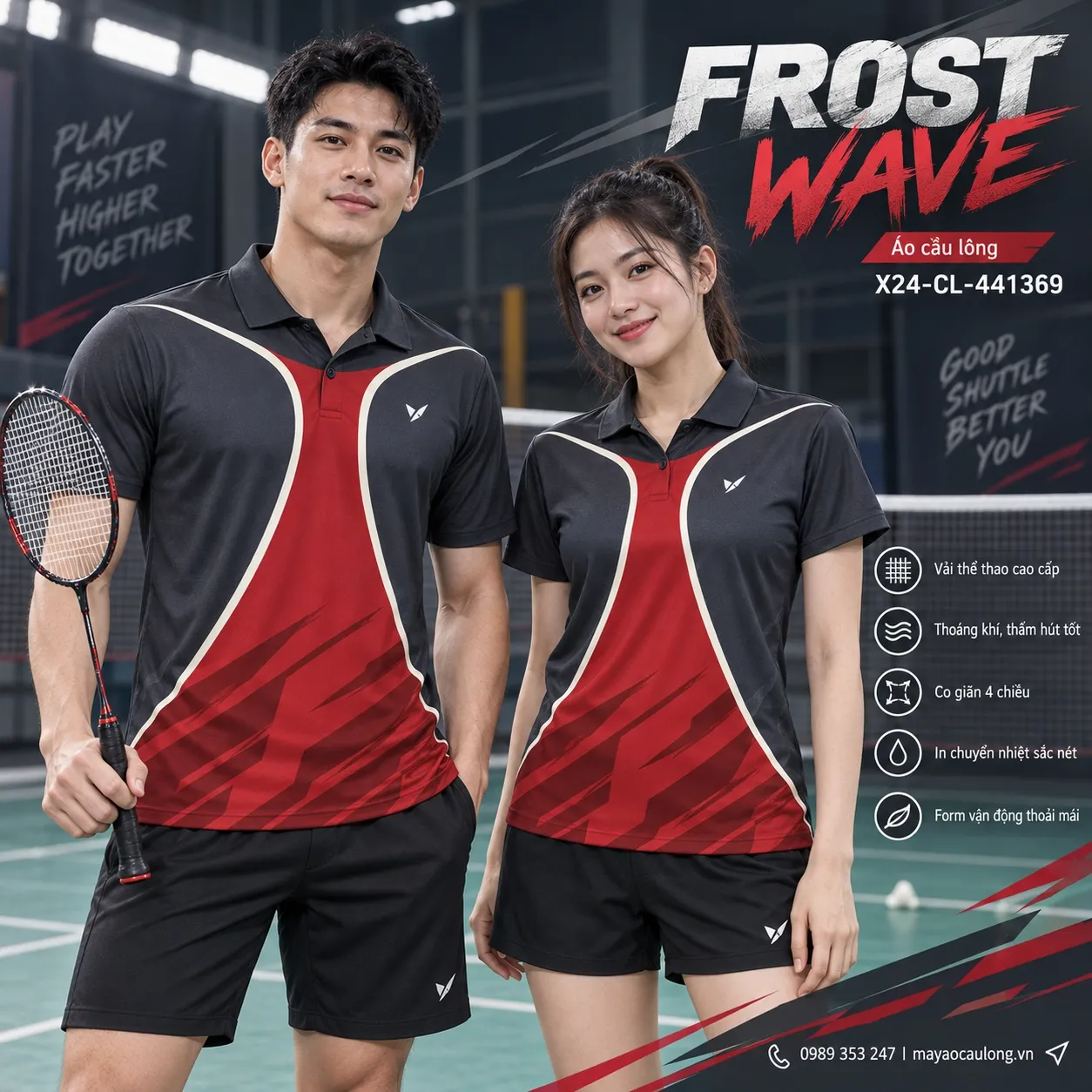 Mẫu áo cầu lông Frost Wave phối graphite, crimson, cream, phù hợp tùy chỉnh logo và tên số cho đội.