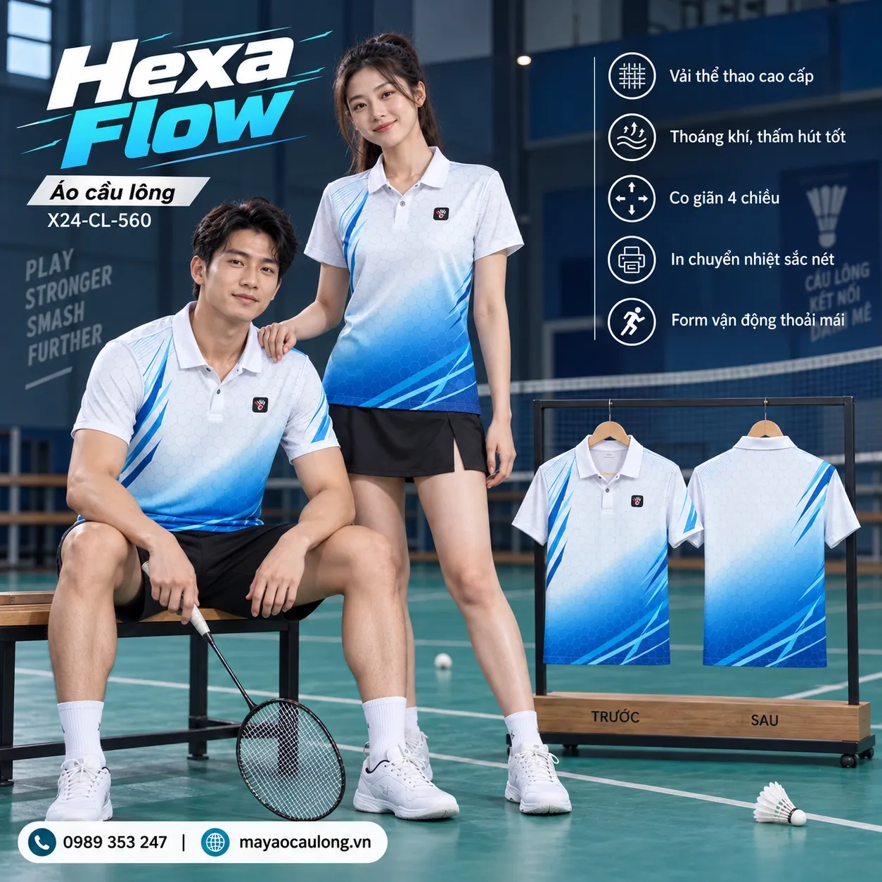 Áo cầu lông Hexa Flow trắng xanh dương họa tiết lục giác, cổ trụ tay ngắn cho đội và CLB