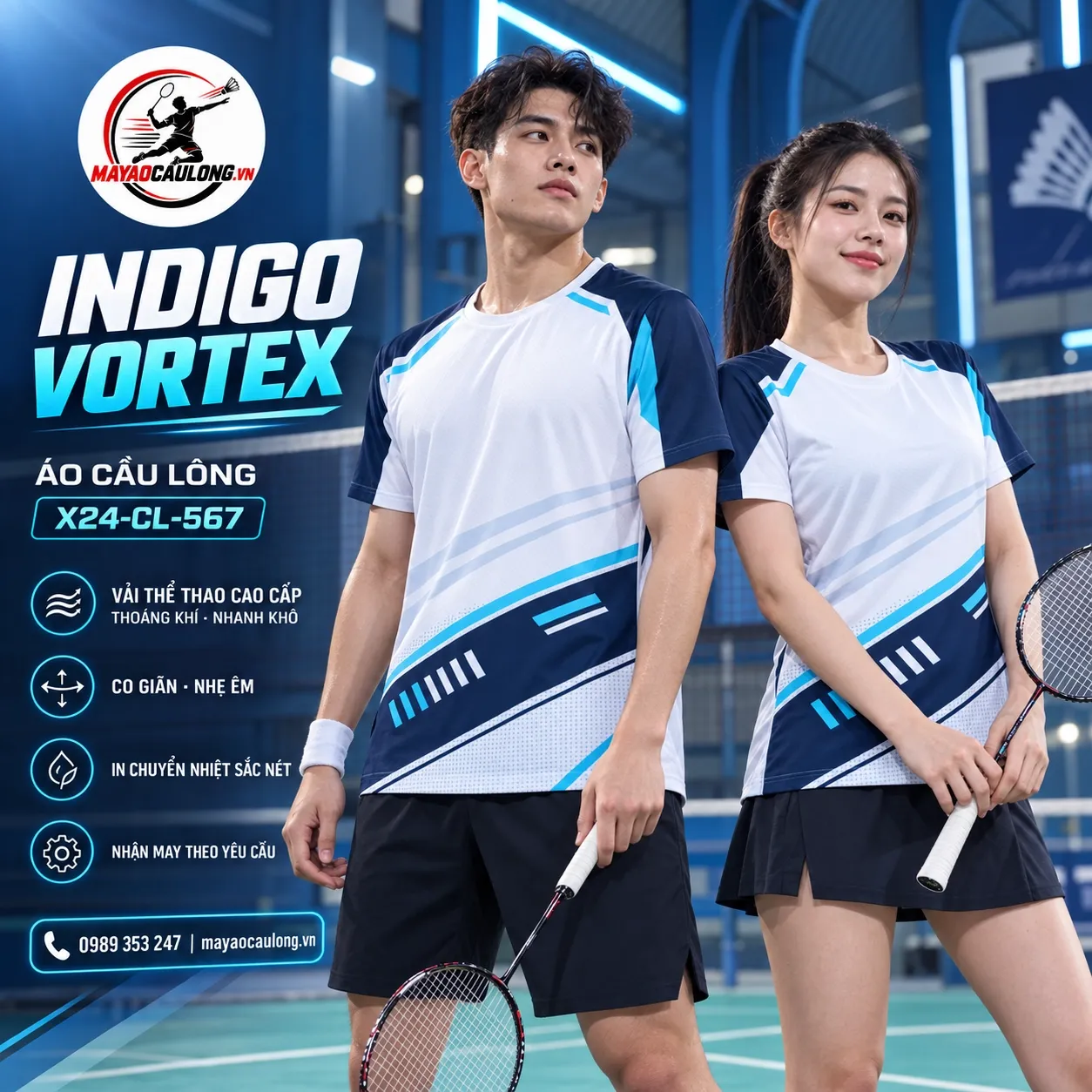 Áo cầu lông Indigo Vortex phối trắng / xanh navy cho đội và câu lạc bộ
