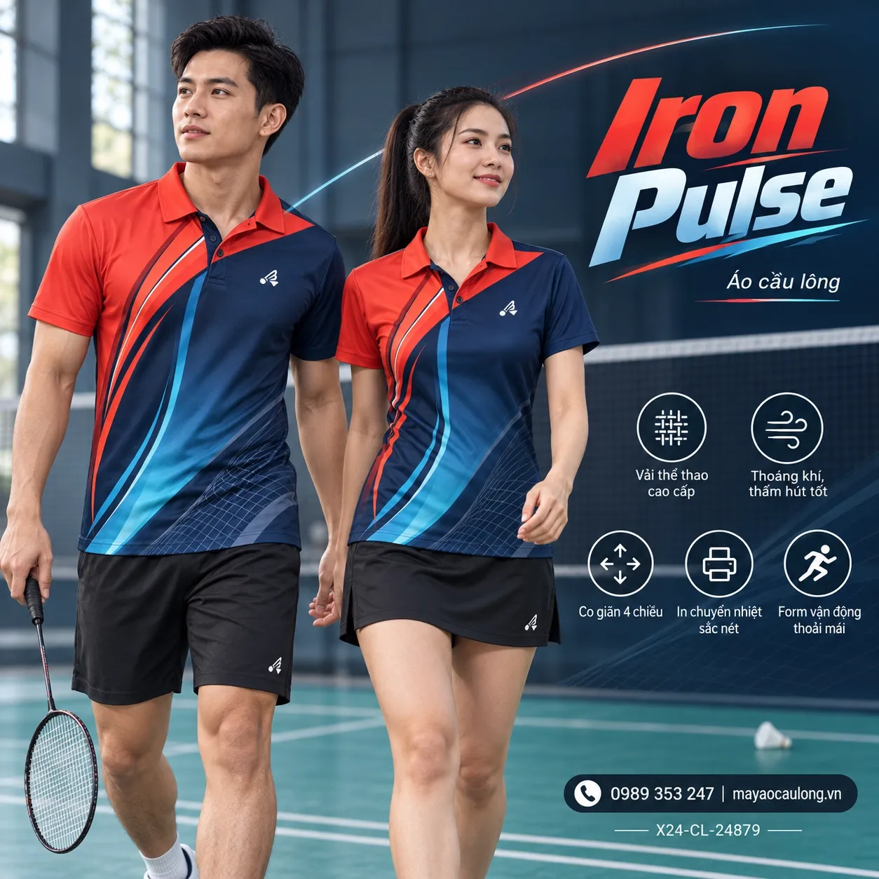 Mẫu áo cầu lông Iron Pulse phối xanh navy, đỏ san hô, xanh cyan, phù hợp tùy chỉnh logo và tên số cho đội.