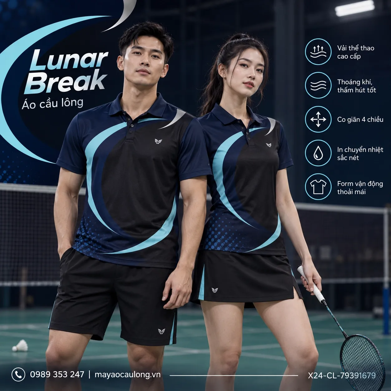 Mẫu áo cầu lông Lunar Break phối đen, navy đậm, xanh cyan nhạt, bạc, phù hợp tùy chỉnh logo và tên số cho đội.
