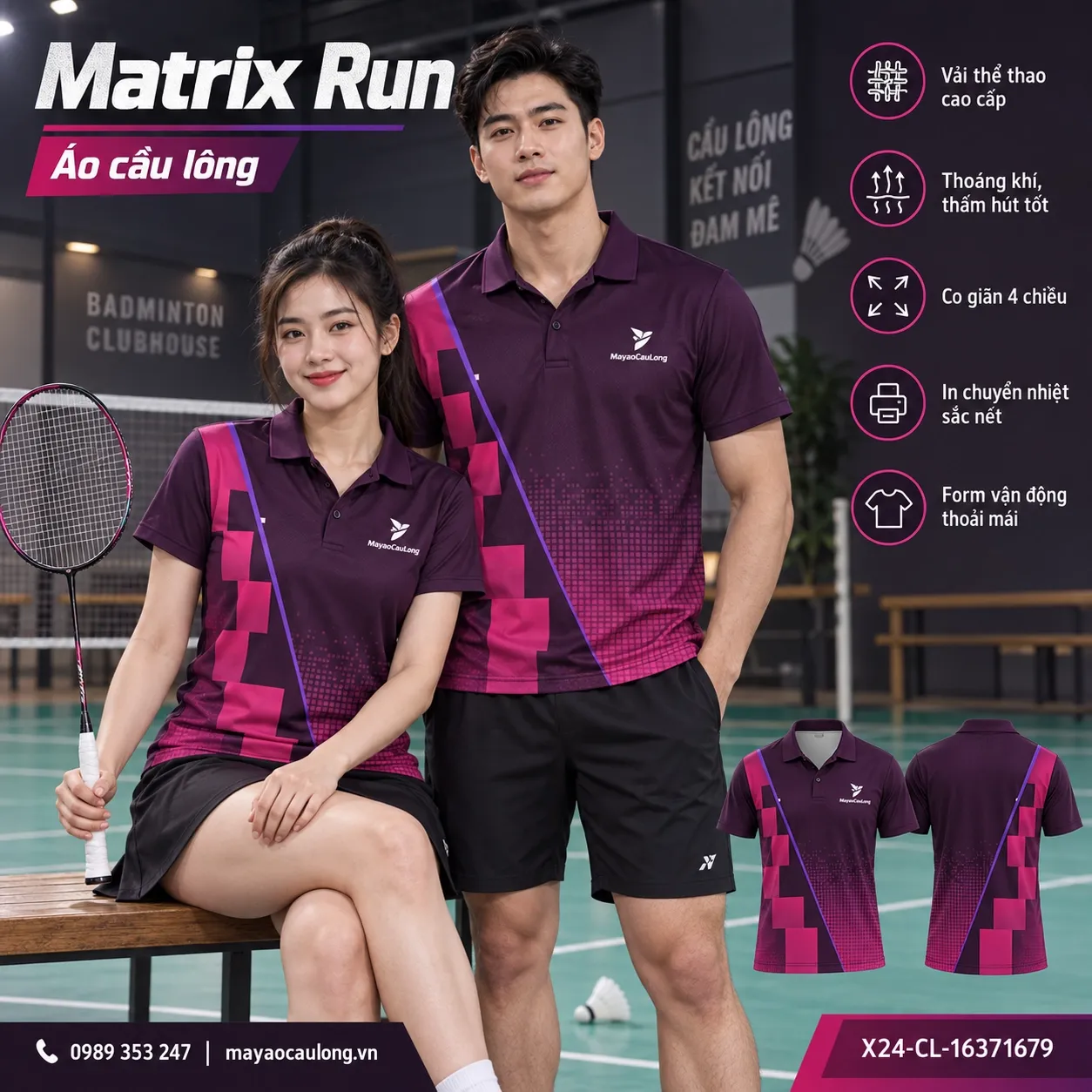 Mẫu áo cầu lông Matrix Run phối tím mận, hồng magenta, tím violet, phù hợp tùy chỉnh logo và tên số cho đội.