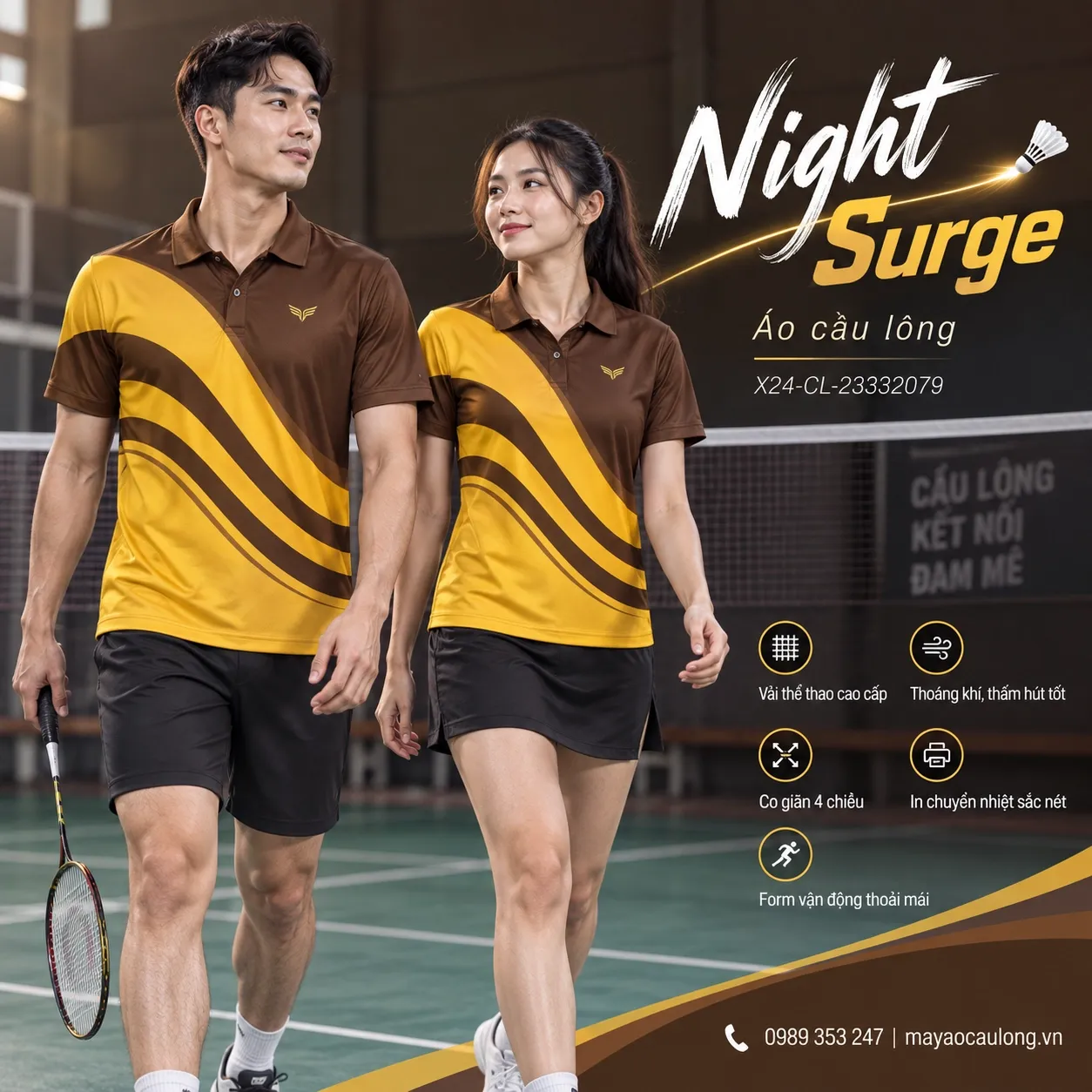 Mẫu áo cầu lông Night Surge phối nâu cacao, vàng gold, phù hợp tùy chỉnh logo và tên số cho đội.