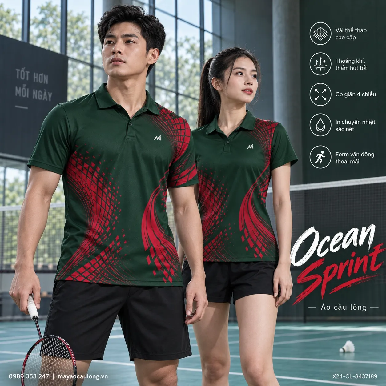 Mẫu áo cầu lông Ocean Sprint phối xanh rừng, đỏ crimson, phù hợp tùy chỉnh logo và tên số cho đội.