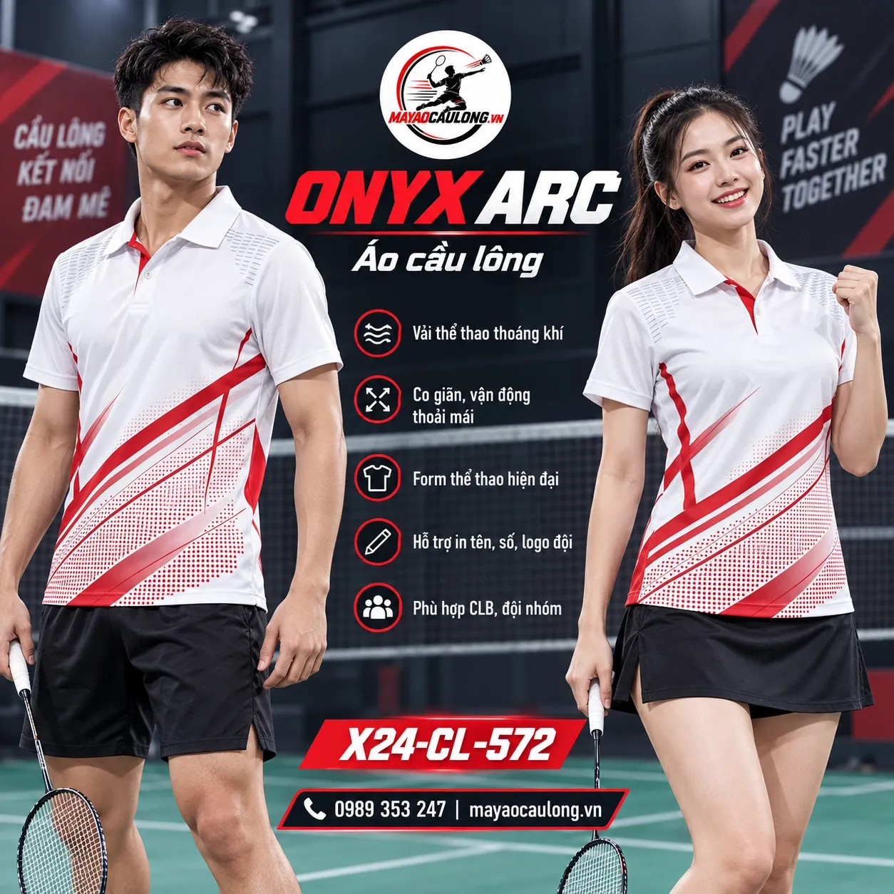 Áo cầu lông cổ trụ tay ngắn trắng đỏ họa tiết tia chéo X24-CL-572