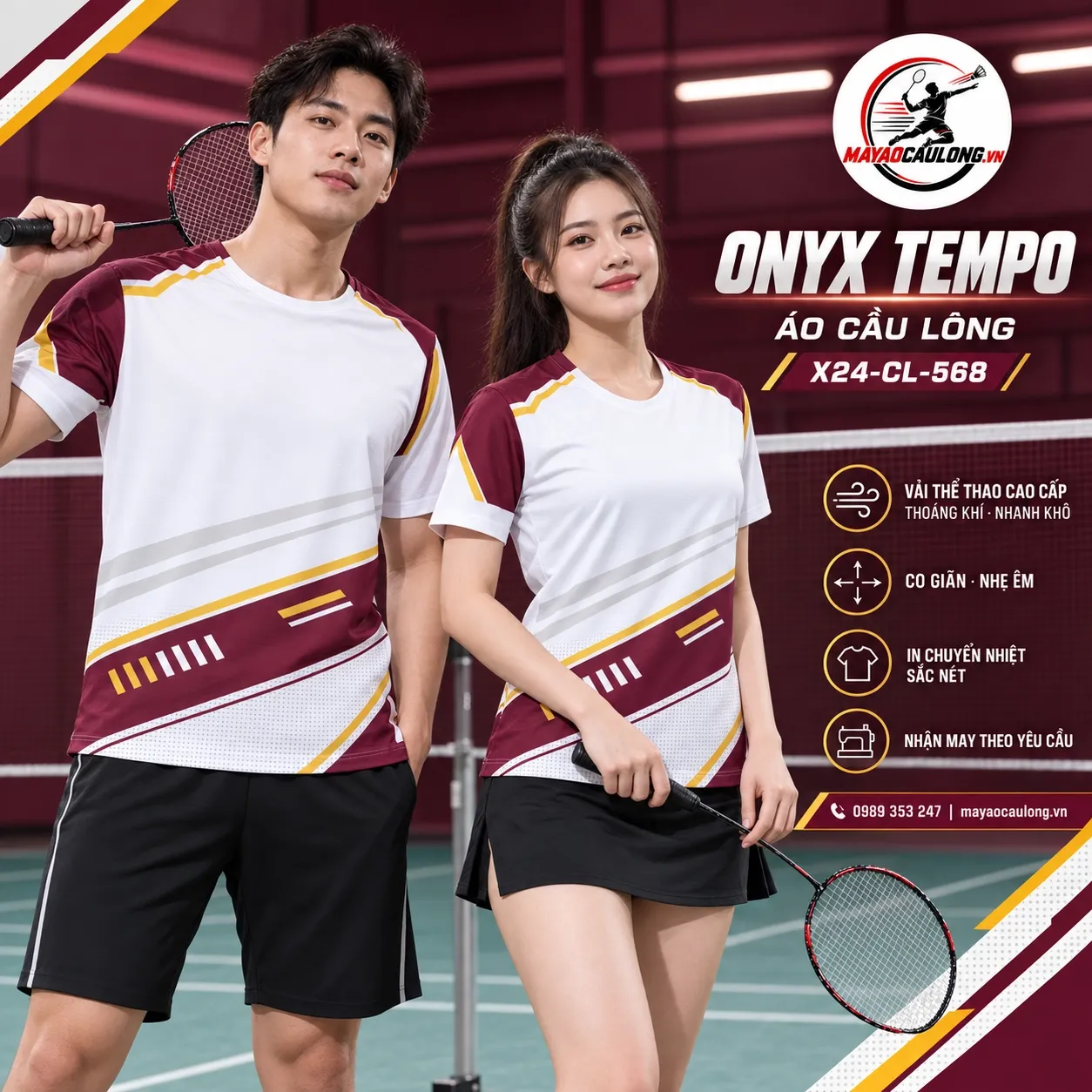 Áo cầu lông Onyx Tempo phối trắng / đỏ rượu cho đội và câu lạc bộ