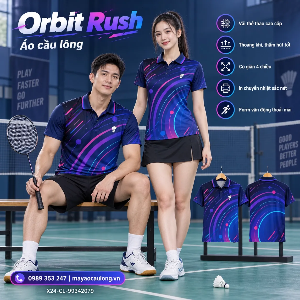 Mẫu áo cầu lông Orbit Rush phối coban, xanh navy, tím, cánh sen, thiên thanh, phù hợp tùy chỉnh logo và tên số cho đội.