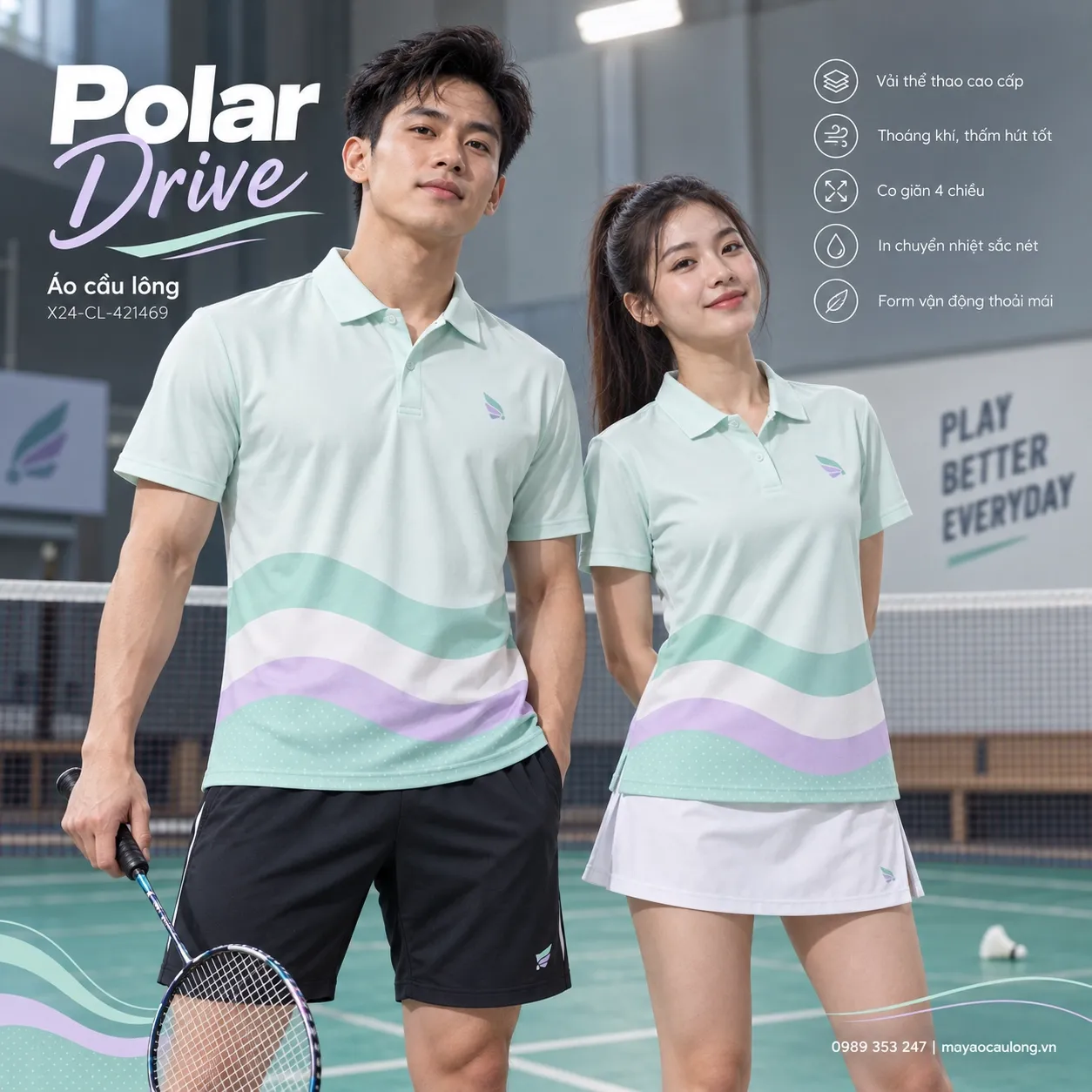 Mẫu áo cầu lông Polar Drive phối pale mint, soft white, muted lavender, phù hợp tùy chỉnh logo và tên số cho đội.