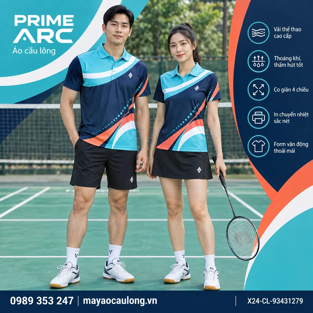 Mẫu áo cầu lông Prime Arc phối xanh aqua, xanh navy đậm, đỏ san hô, trắng, phù hợp tùy chỉnh logo và tên số cho đội.