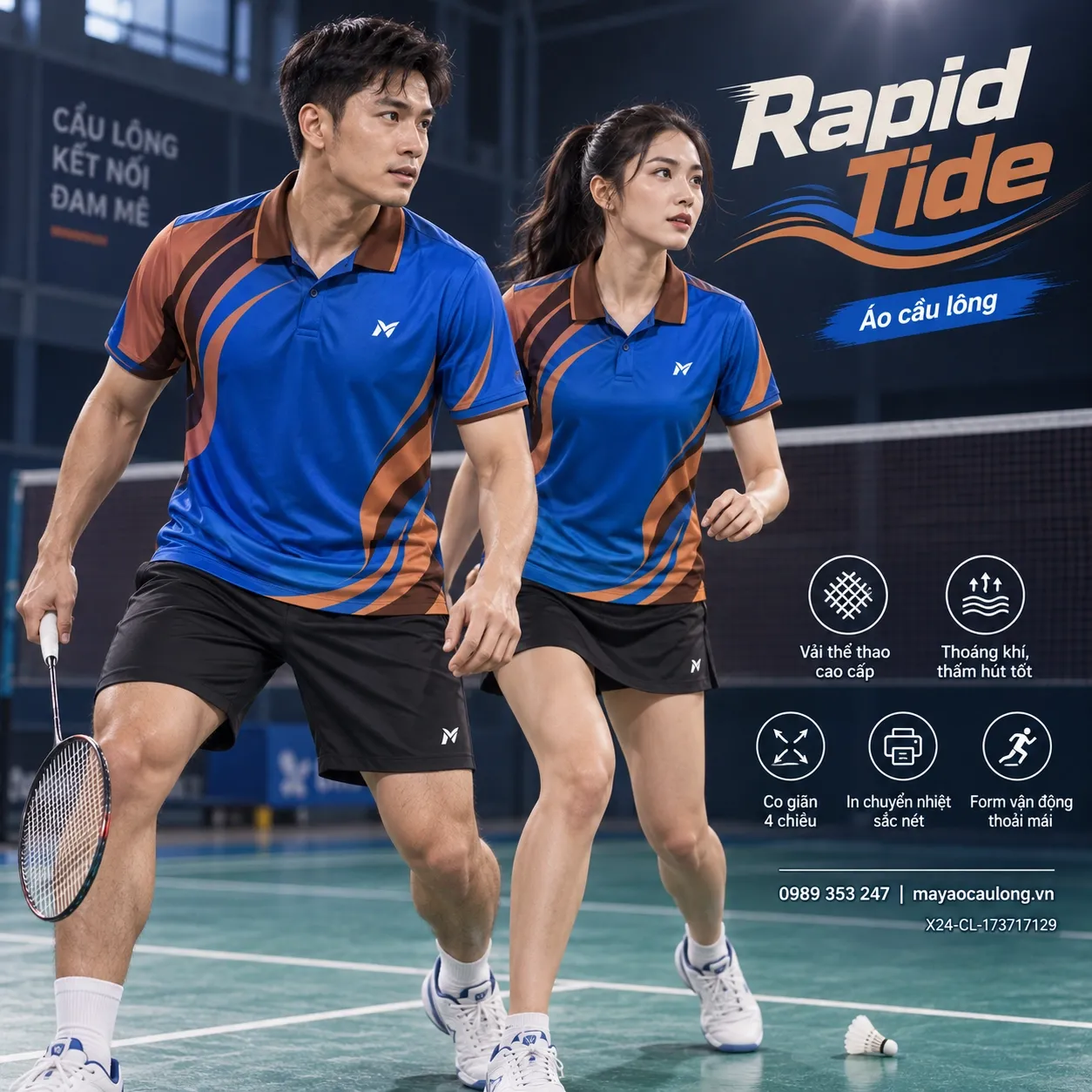 Mẫu áo cầu lông Rapid Tide phối xanh cobalt, nâu terracotta, nâu espresso, phù hợp tùy chỉnh logo và tên số cho đội.