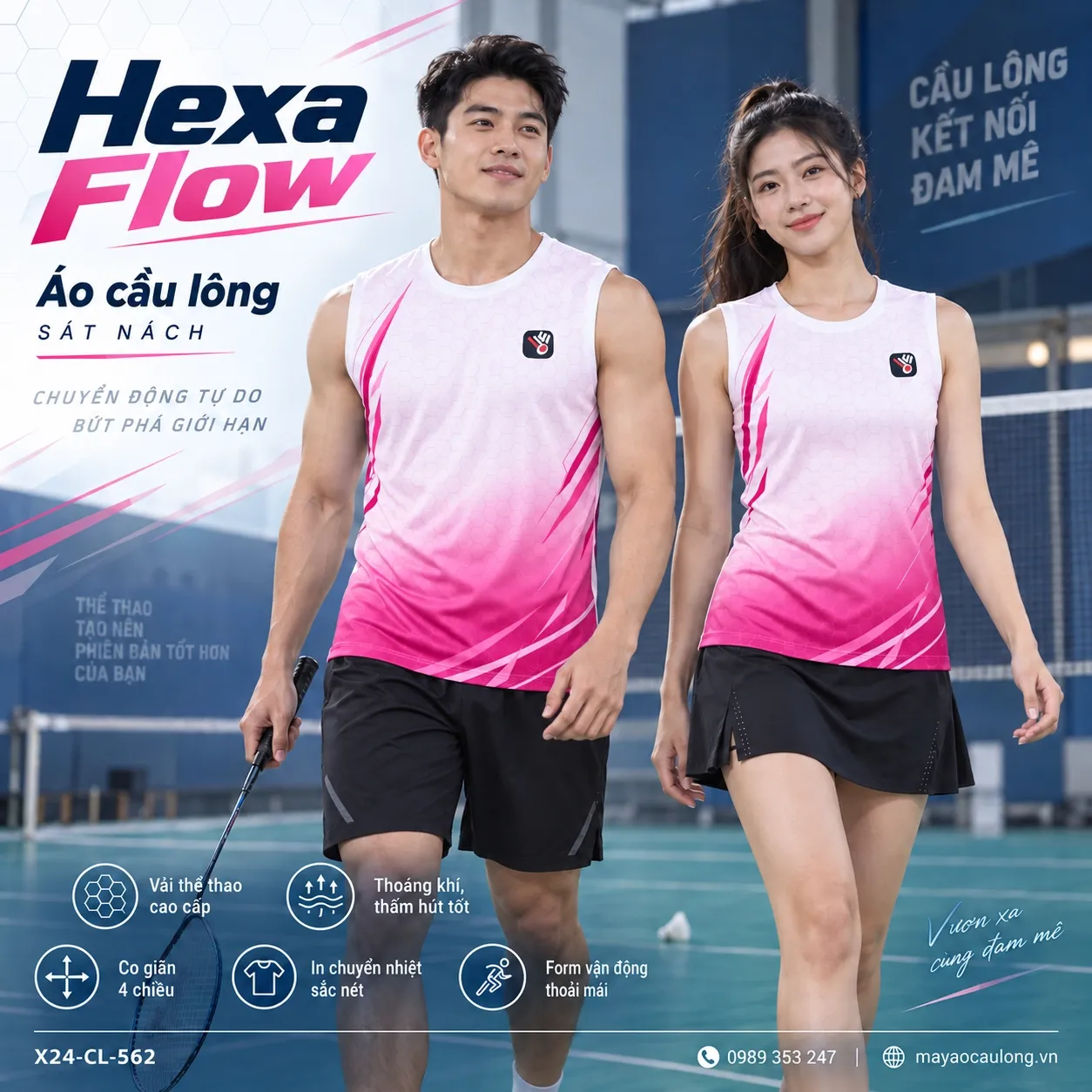 Áo cầu lông sát nách Hexa Flow trắng hồng, cổ tròn và họa tiết lục giác đồng bộ cho nam nữ