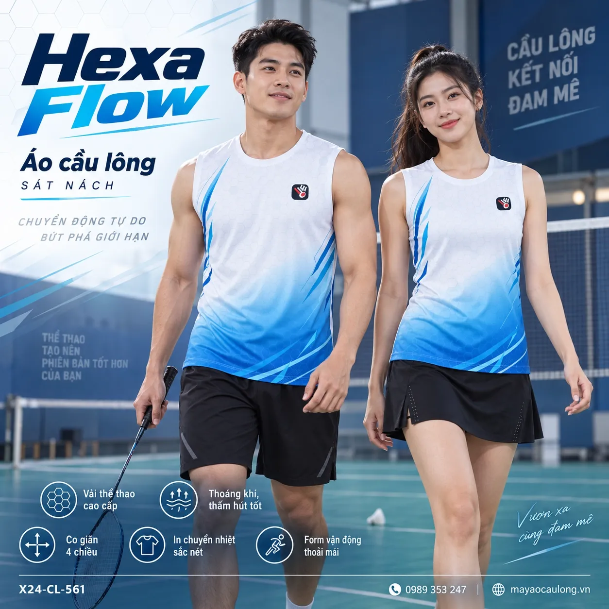 Áo cầu lông sát nách Hexa Flow trắng xanh, cổ tròn và họa tiết lục giác đồng bộ cho nam nữ