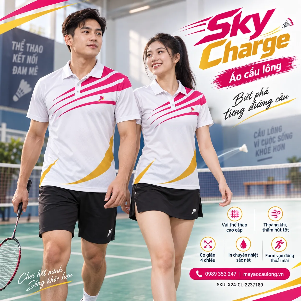 Mẫu áo cầu lông Sky Charge phối ngọc trai, hồng magenta, vàng gold, phù hợp tùy chỉnh logo và tên số cho đội.