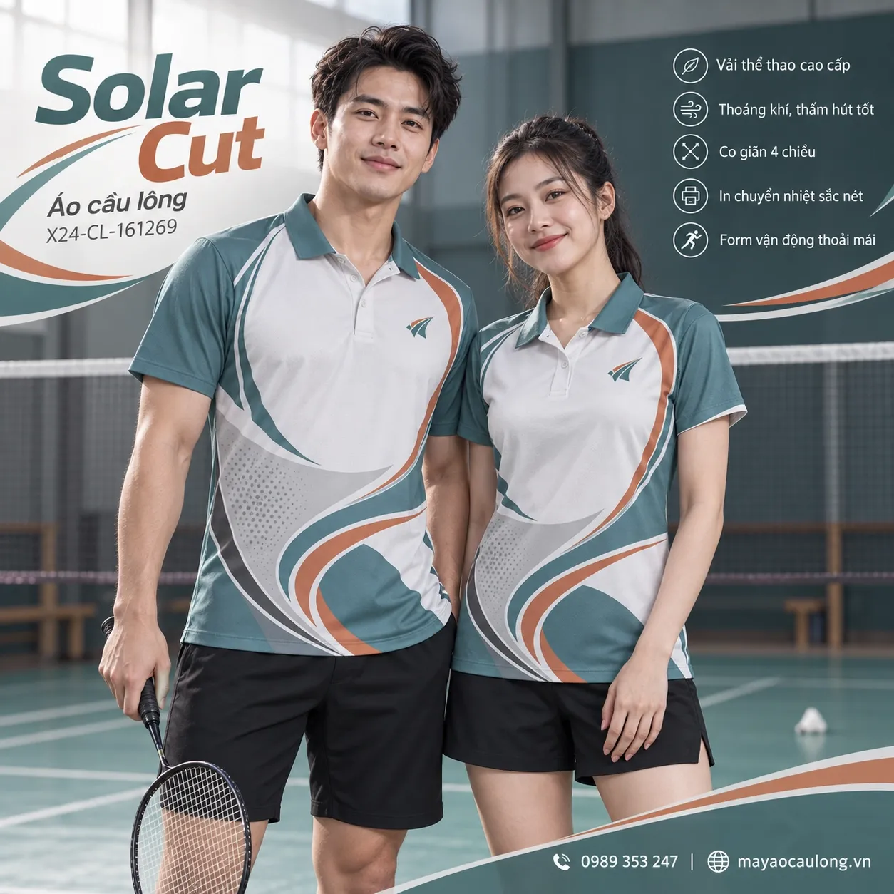 Mẫu áo cầu lông Solar Cut phối xanh teal bụi, cam đất, xám ngọc trai, phù hợp tùy chỉnh logo và tên số cho đội.
