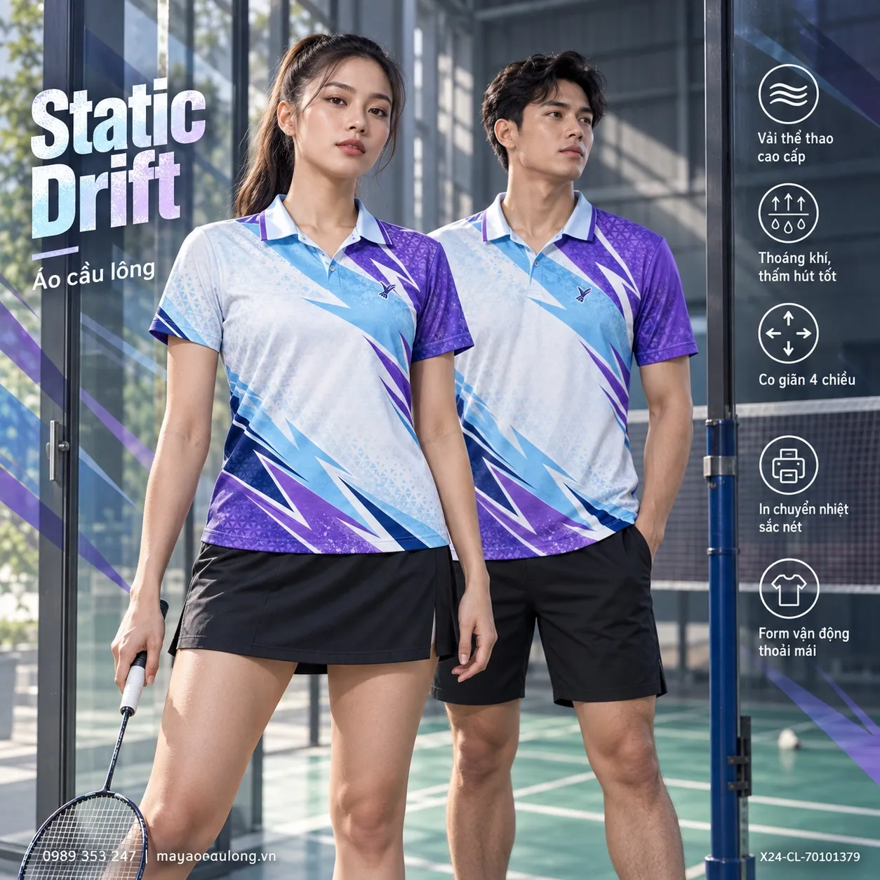 Mẫu áo cầu lông Static Drift phối trắng, xanh băng, tím, xanh navy, phù hợp tùy chỉnh logo và tên số cho đội.