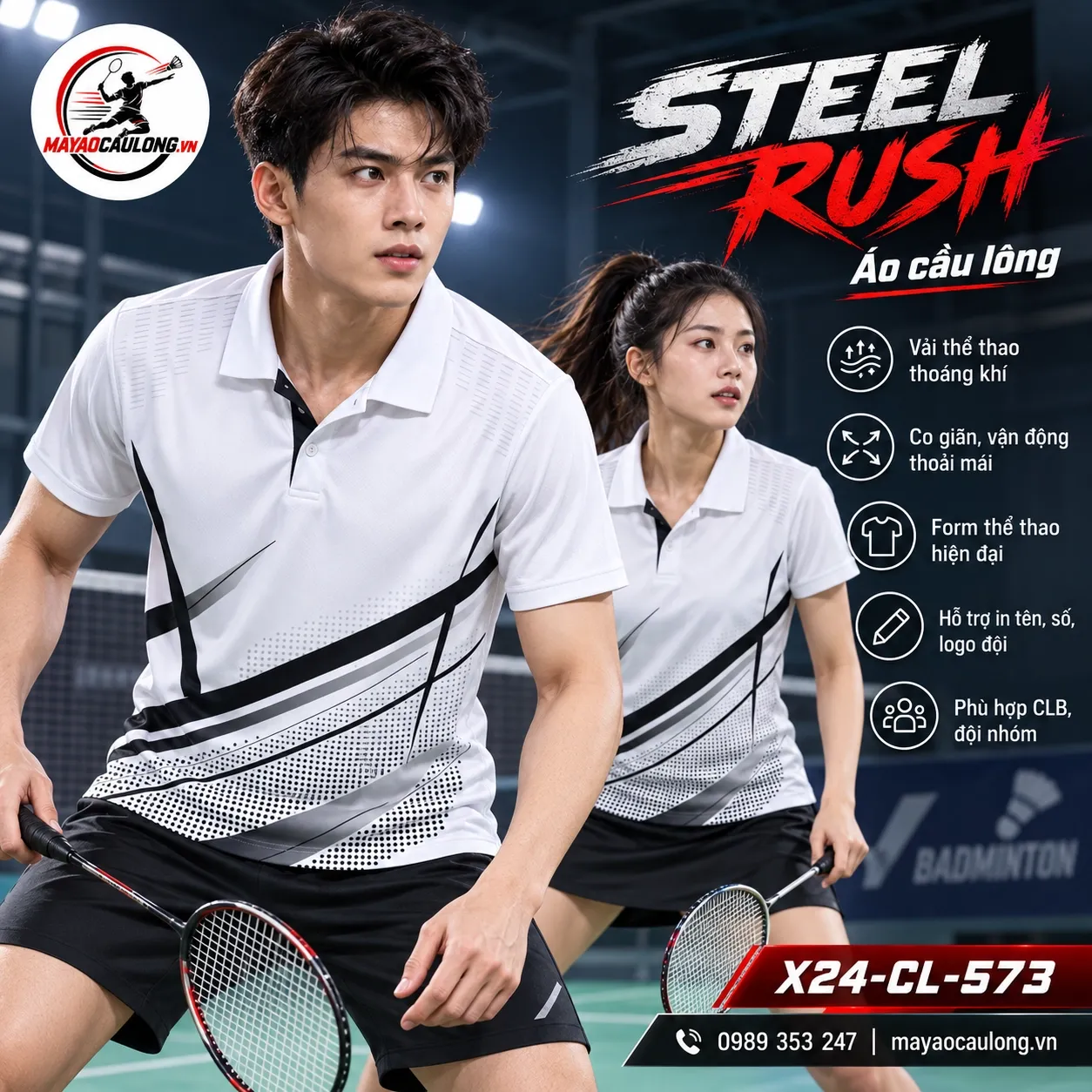 Áo cầu lông cổ trụ tay ngắn trắng đen họa tiết tia chéo X24-CL-573