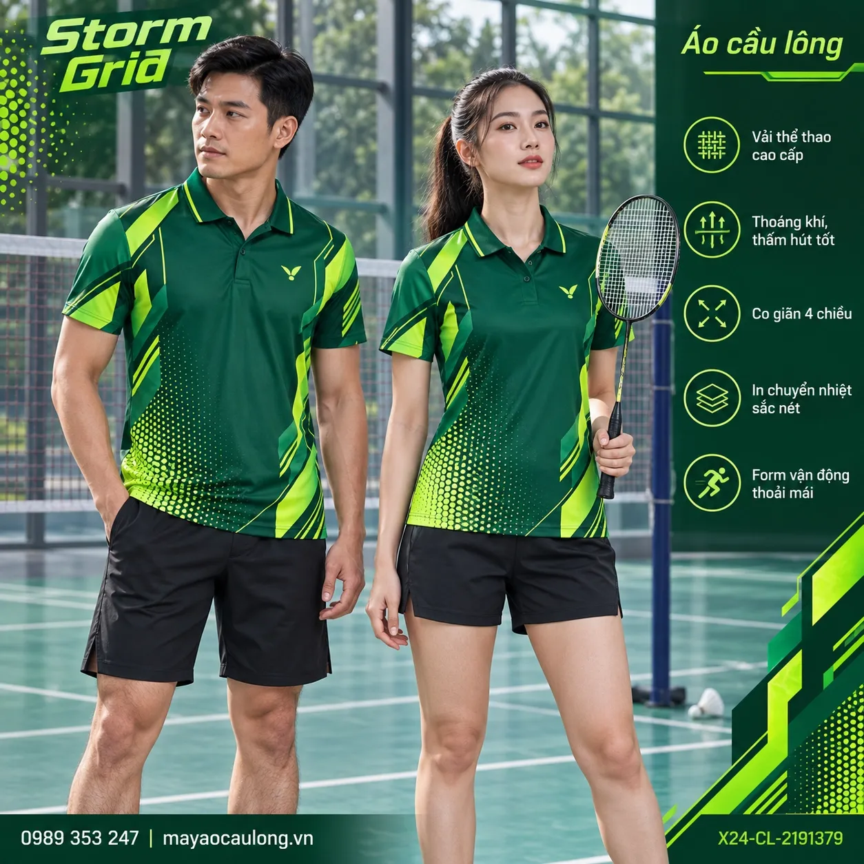 Mẫu áo cầu lông Storm Grid phối xanh emerald, xanh lime, xanh rừng, phù hợp tùy chỉnh logo và tên số cho đội.