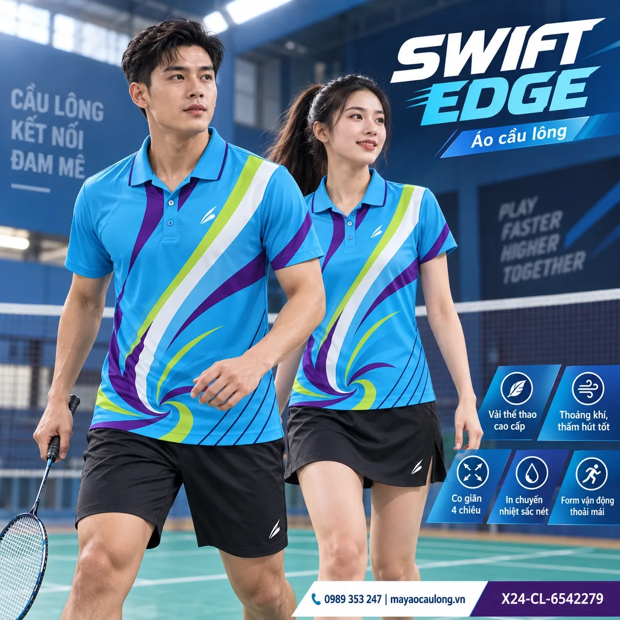 Mẫu áo cầu lông Swift Edge phối xanh lime, tím plum, phù hợp tùy chỉnh logo và tên số cho đội.