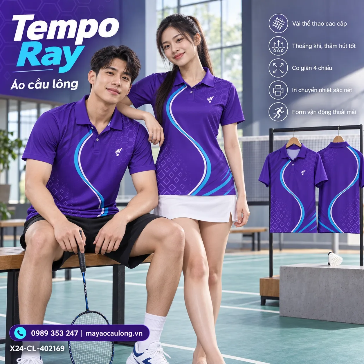Mẫu áo cầu lông Tempo Ray phối tím royal, xanh cyan, trắng, phù hợp tùy chỉnh logo và tên số cho đội.