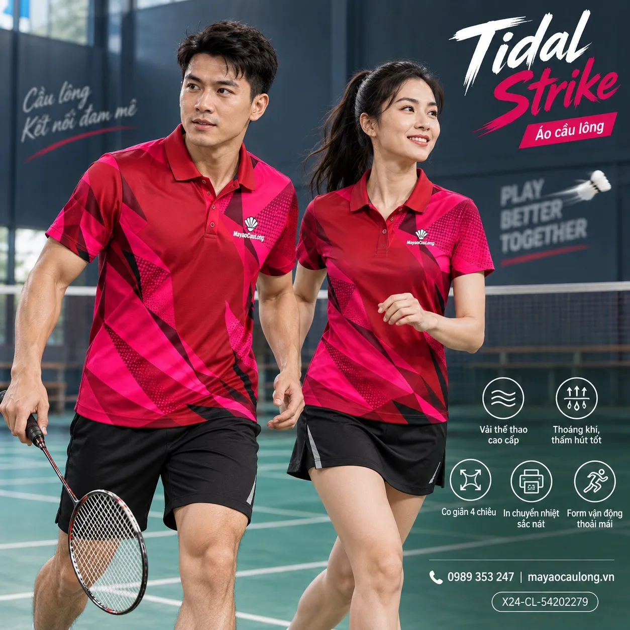 Mẫu áo cầu lông Tidal Strike phối đỏ, hồng, phù hợp tùy chỉnh logo và tên số cho đội.