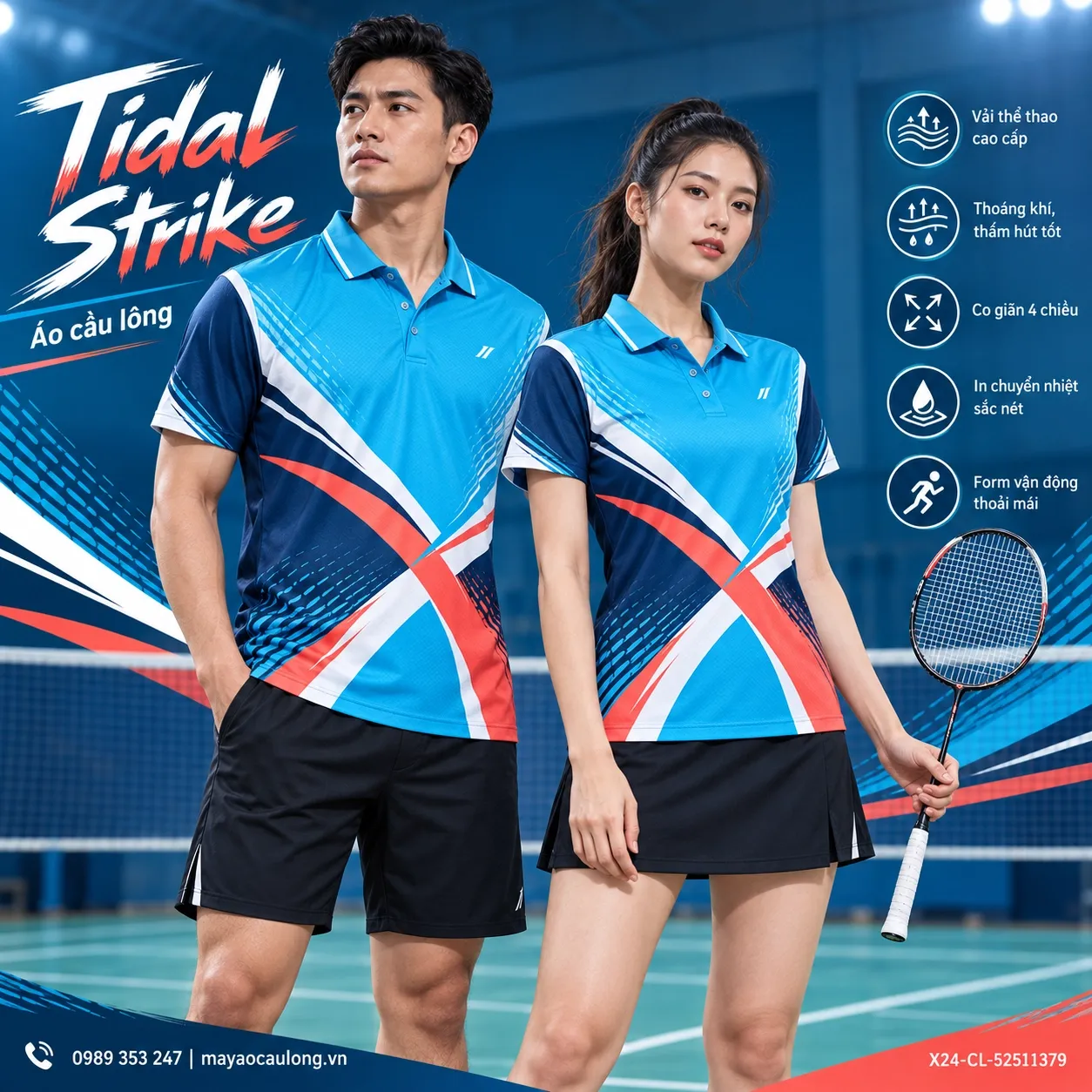 Mẫu áo cầu lông Tidal Strike phối xanh cyan, xanh navy, đỏ san hô, trắng, phù hợp tùy chỉnh logo và tên số cho đội.