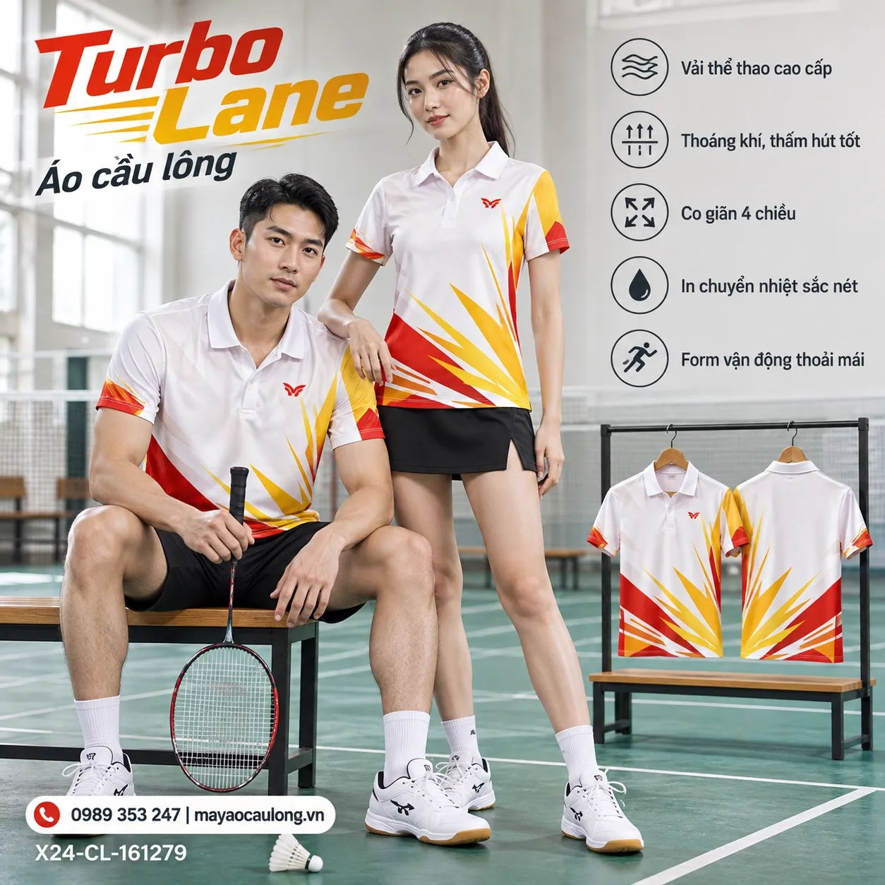 Mẫu áo cầu lông Turbo Lane phối trắng ngọc trai, vàng, đỏ vermilion, cam cháy, phù hợp tùy chỉnh logo và tên số cho đội.