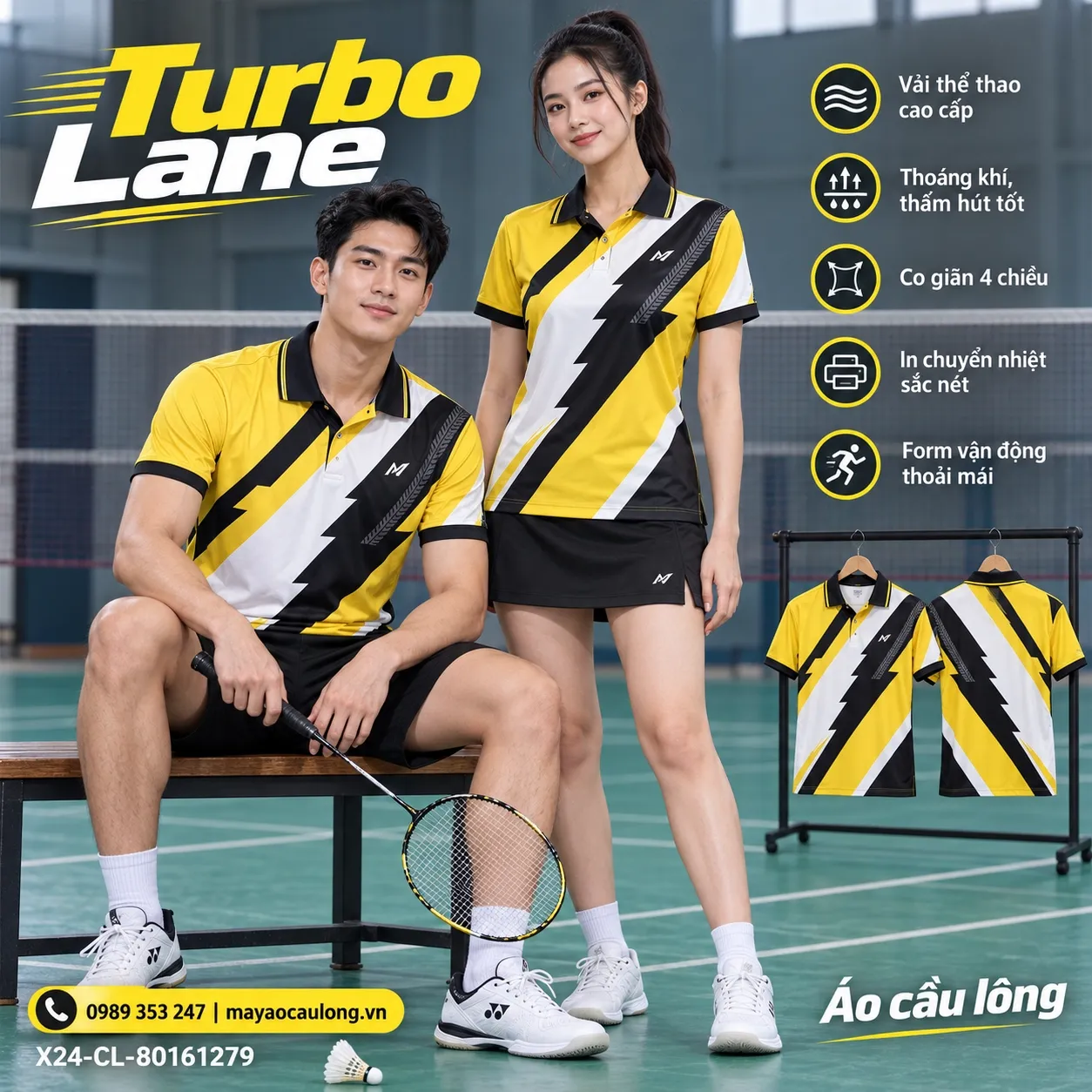 Mẫu áo cầu lông Turbo Lane phối vàng tươi, đen, trắng, xám graphite, phù hợp tùy chỉnh logo và tên số cho đội.