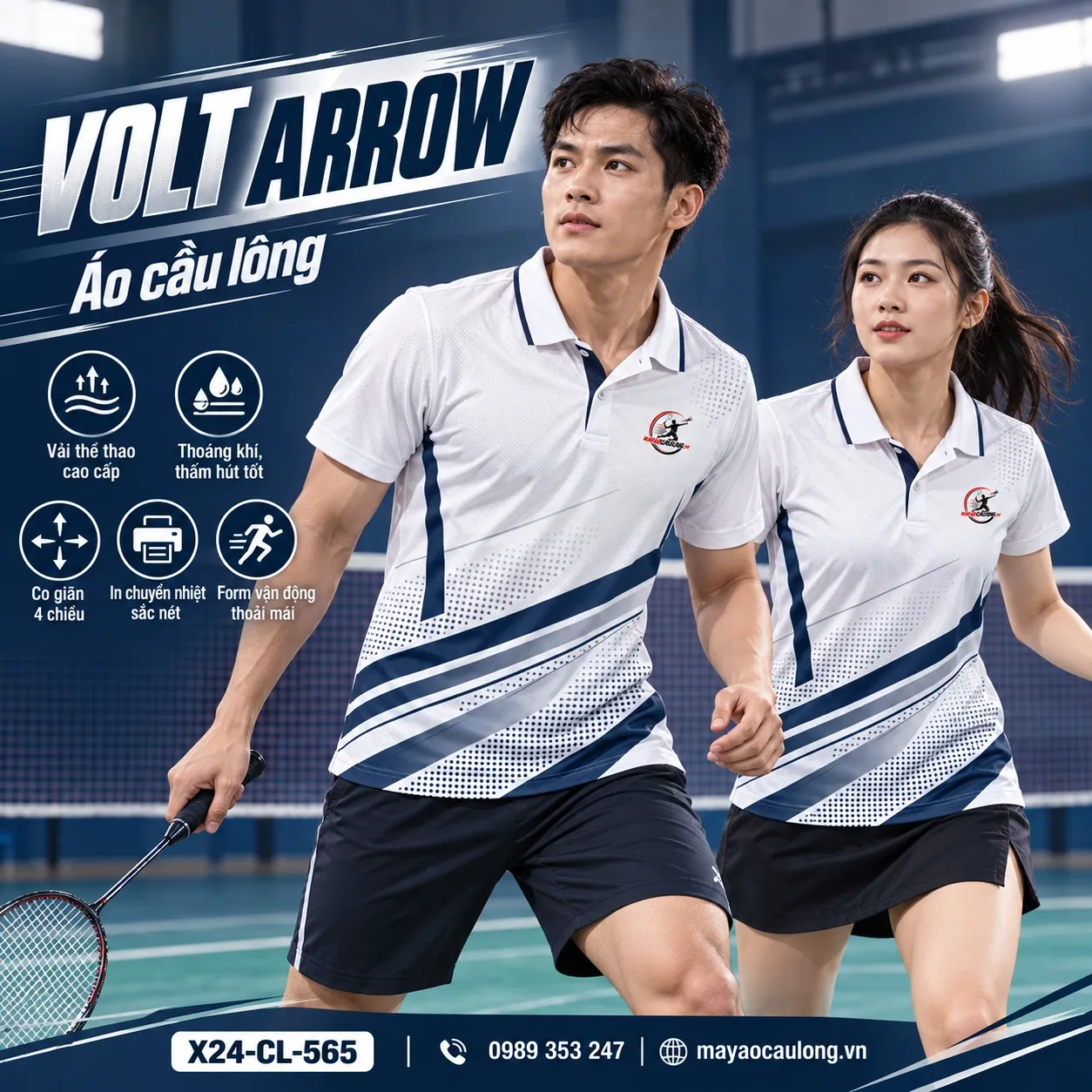 Áo cầu lông cổ trụ tay ngắn trắng xanh navy họa tiết giao tuyến X24-CL-565